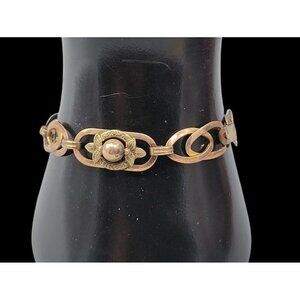 Gold Plating Over Sterling Vintage Bracelet Floral Oval Link 6.5" 4.7mm Wide